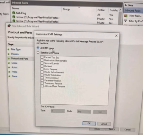 Shows a step within setting up firewall rules; customizing ICMP Settings